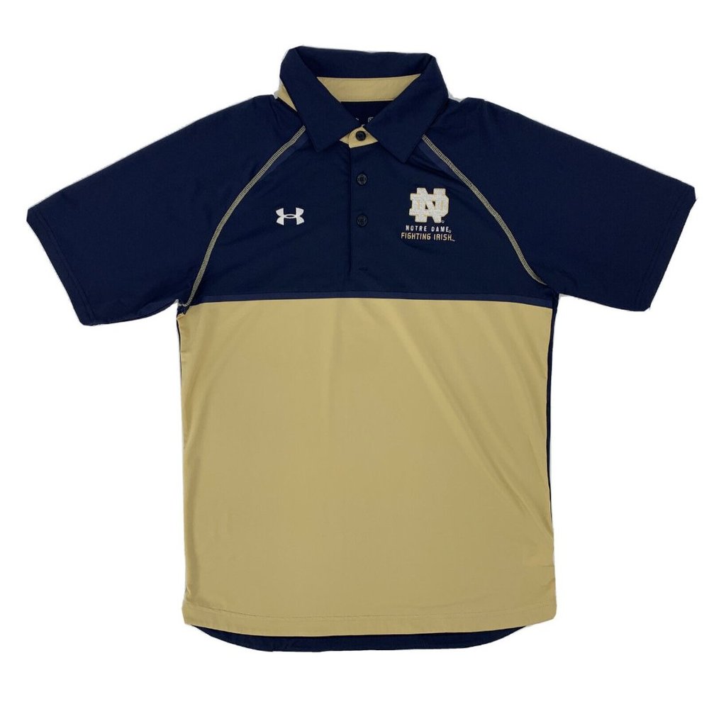 Men's Under Armour Loose Polo Shirt Blue Gold S Notre‎ Dame ND Fighting Irish